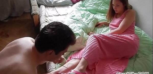  Cuckolded Slave Licks Sperm out of Summer`s Pussy!